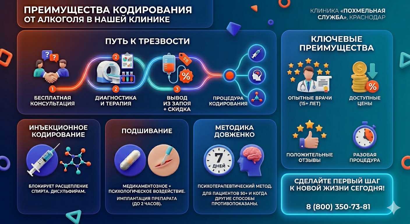 Инфографика о методах кодирования от алкоголя в Одинцово: инъекции, подшивание, метод Довженко. Преимущества клиники и этапы лечения.