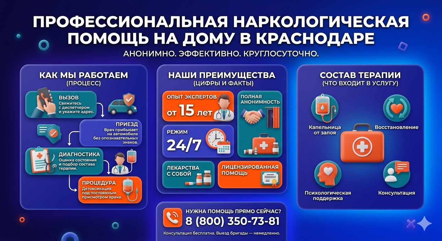 Инфографика о принципах лечения алкоголизма на дому в Одинцово: этапы вызова нарколога, преимущества анонимной детоксикации и состав медицинской помощи.